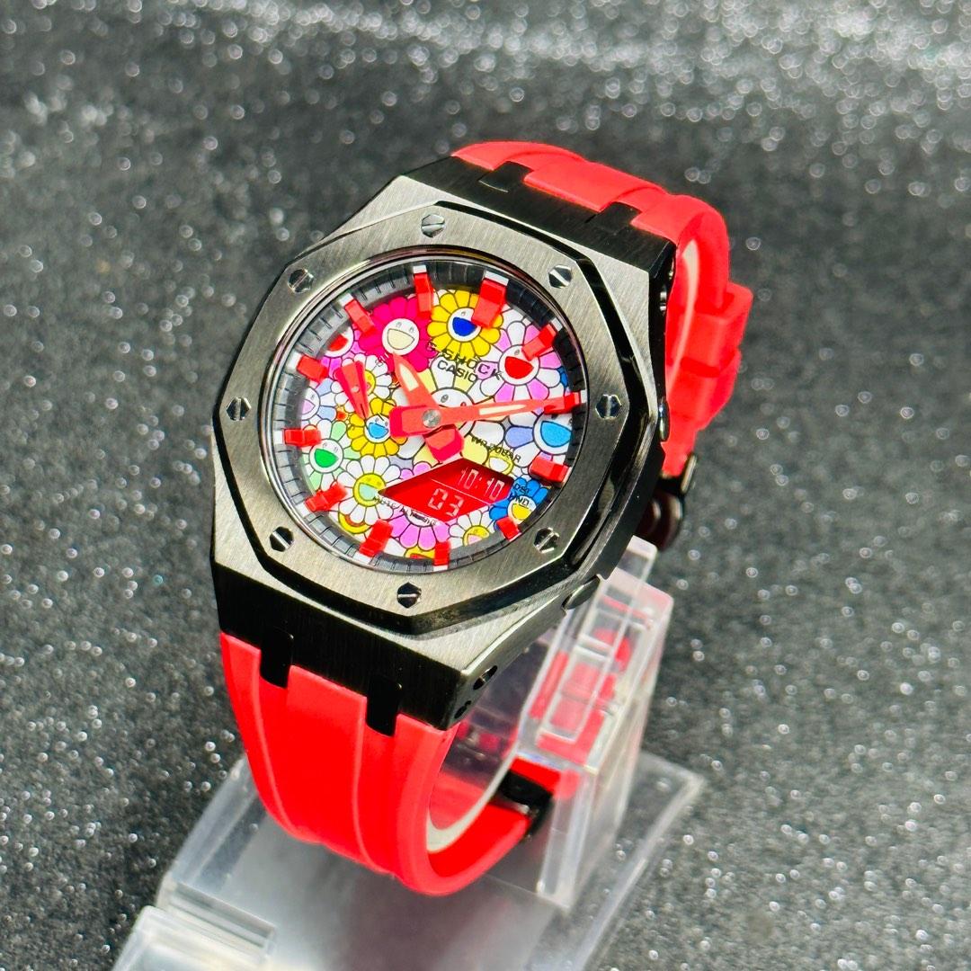 Takashi Murakami theme CasiOak GA 2100 custom Murakami facedial Titanium Grey Stainless steel bezel and red rubber strap metal CasiOak