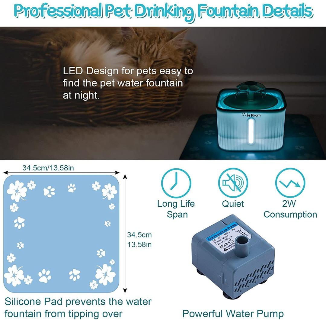 Cat Water Fountain with Silicone Pad, 2.5L Dog Drinking Fountains