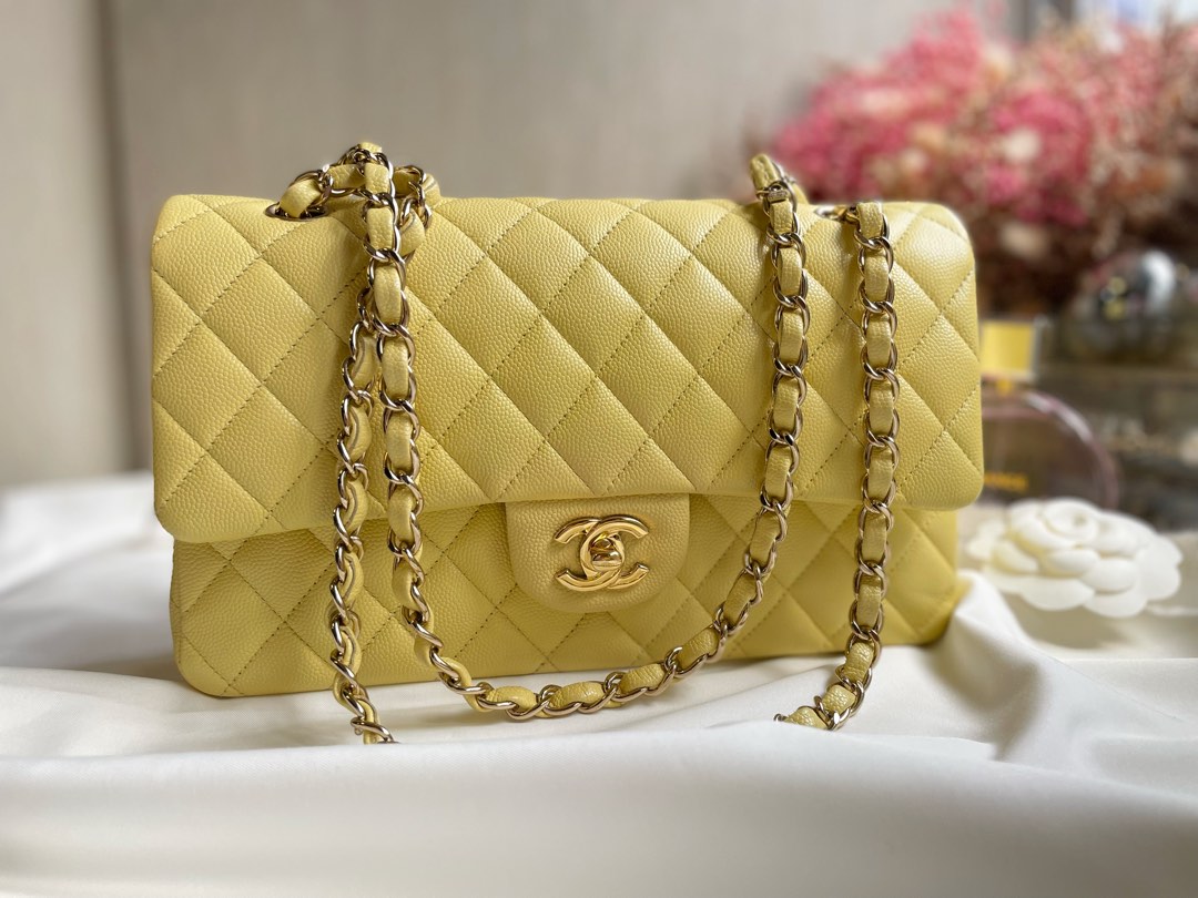 Chanel classic medium flap in yellow, Luxury, Bags & Wallets on