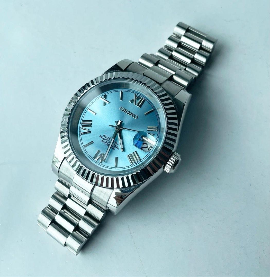 Custom Seiko Mod Ice Blue Fluted Roman President 39mm, Men's Fashion,  Watches & Accessories, Watches on Carousell