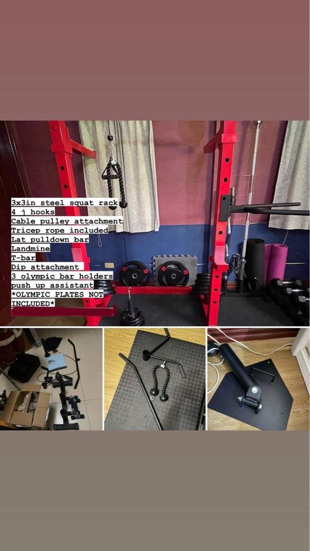 Gym Equipments (Category: Weights & Dumbbells) located in Las Pinas. Submitted by jhelting (Listing ID 1187893025, Image 1). Description: 3x3in steel squar rack 4 j hooks Cable pulley attachment Tricep rope included Lat pulldown bar Landmine T-Bar Dip attachment 3 olympic bar holders Push up assistant *Olympic plates not included*.