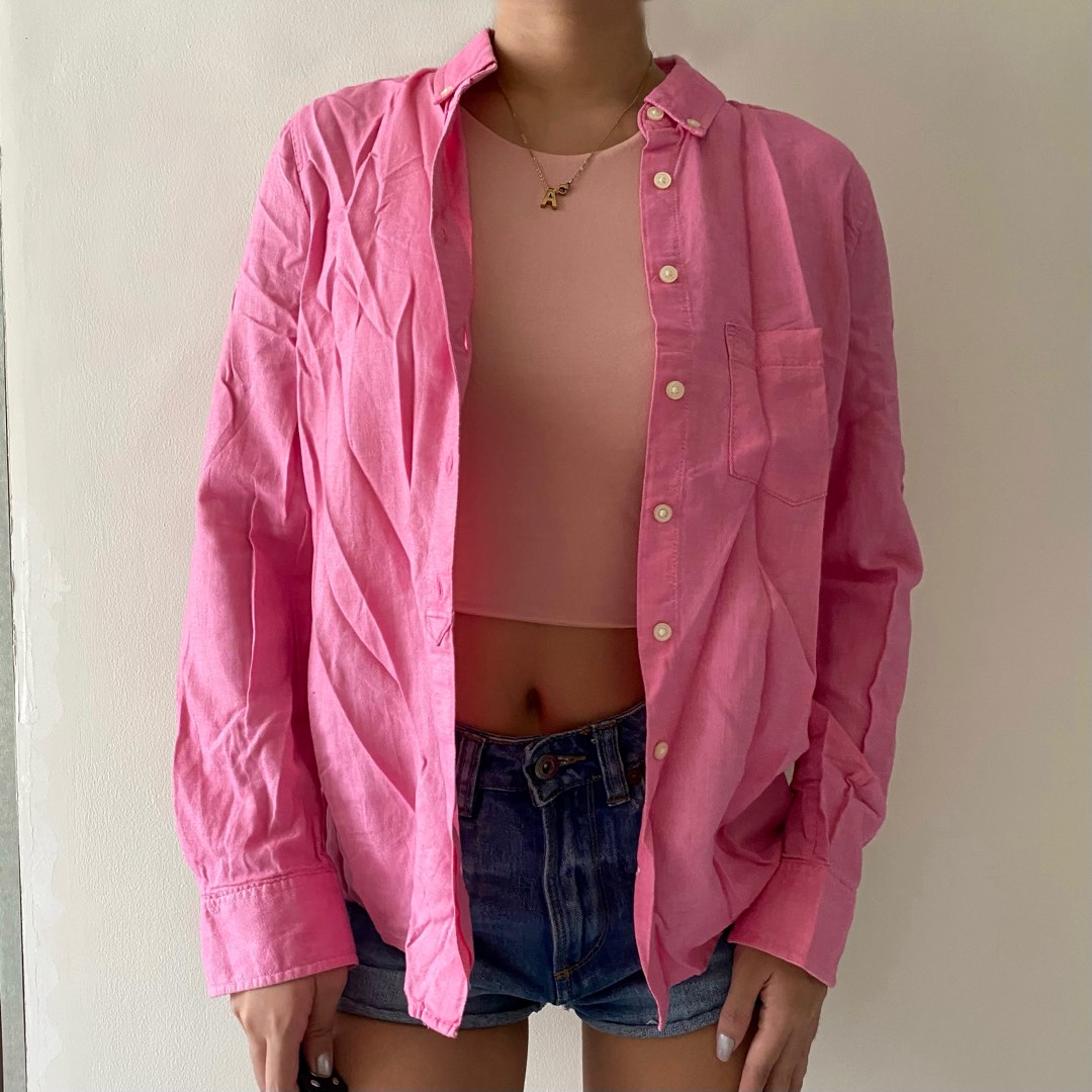 pink button down polo, Women's Fashion, Tops, Longsleeves on Carousell