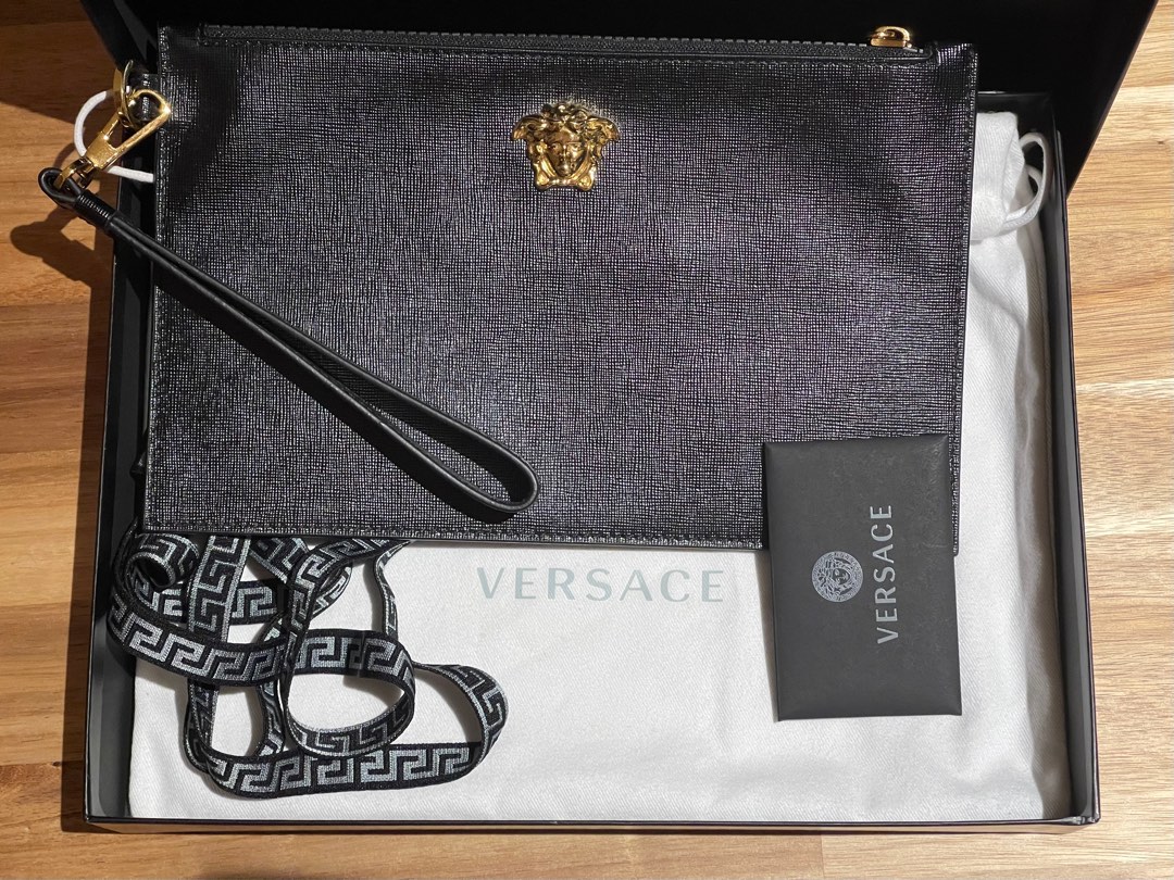 Auth Gianni Versace Clutch Bag Medusa Black Nylon 23.5 x 15 x 6.5