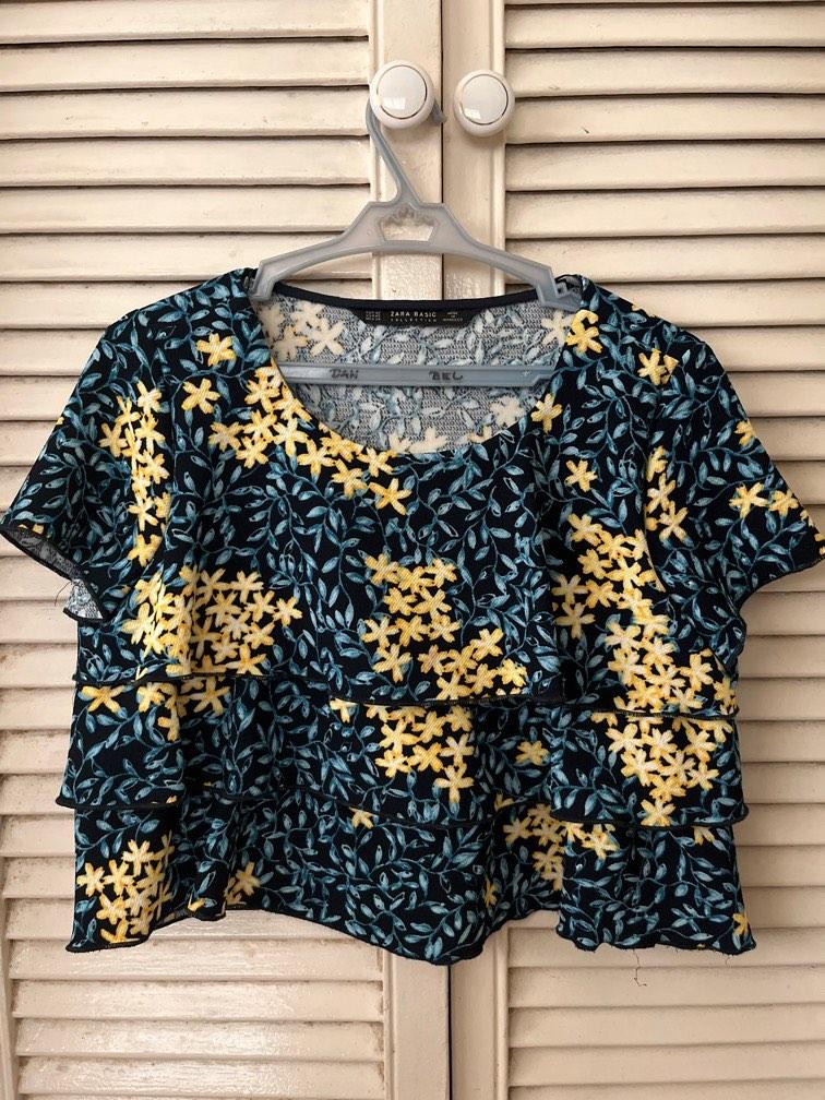 Zara blue and yellow floral print, Women's Fashion, Tops, Blouses on