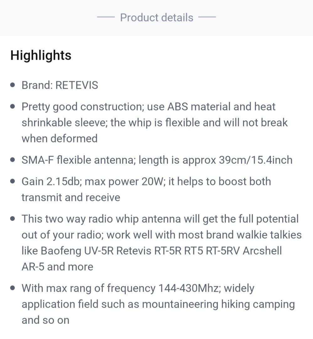 ????????BAOFENG SALE‼️(RETEVIS LONG RANGE ANTENNA DUAL BAND UHF/VHF) [[SUPER  HIGH GAIN]] SMA-F FITS FOR MOST BAOFENG  OTHER WALKIE TALKIE MODEL SET  (BRAND NEW CONDITION)✓‼️⭐, Mobile Phones  Gadgets, Walkie-Talkie on  Carousell