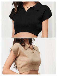 Black and khaki cropped collar shirt top basic look lovito ribbed knitted look brown beige