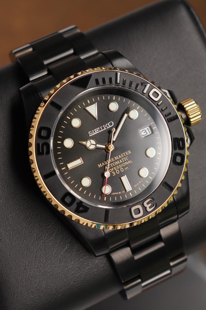 Seiko Mod Black-Gold Custom Watch: Golden Stealth Two-Tone Submariner Yacht  Master- Men's Automatic Formal Wear Metal Dress Dive Watch, Men's Fashion,  Watches & Accessories, Watches on Carousell