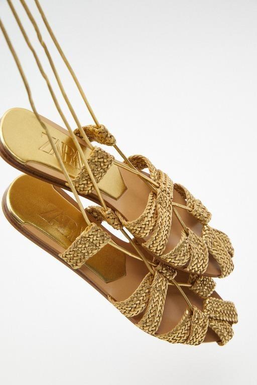 Zara Braided Gold Tie Ankle Sandals Women s Fashion Footwear