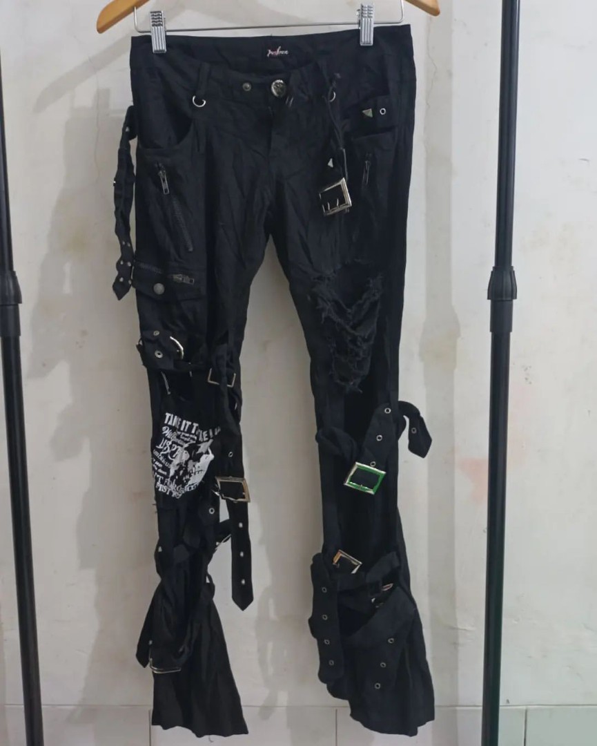 Celana punk rave original thrift second gothic, Fesyen Wanita, Pakaian