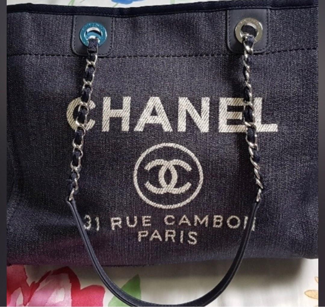 Guarantee Authentic Chanel Blue Denim and Leather Deauville Bowling Chain Shoulder Tote Bag