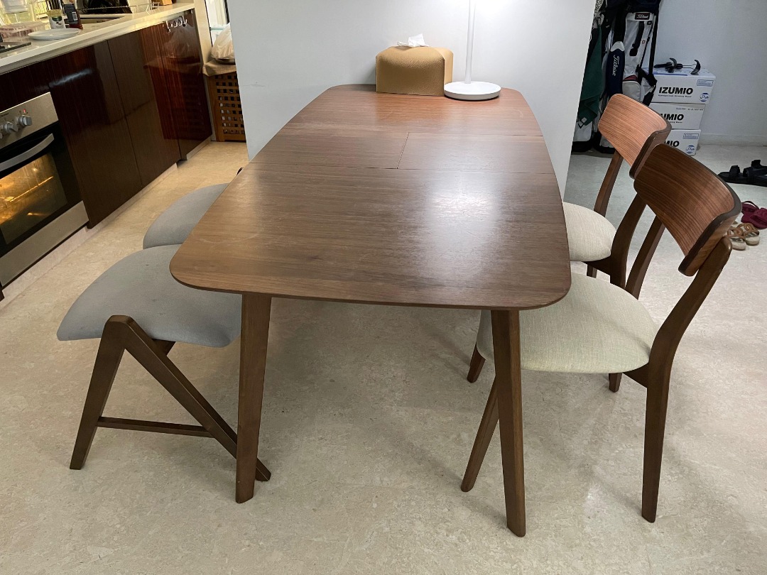 Expandable dining table + 2 chairs + long bench, Furniture & Home ...