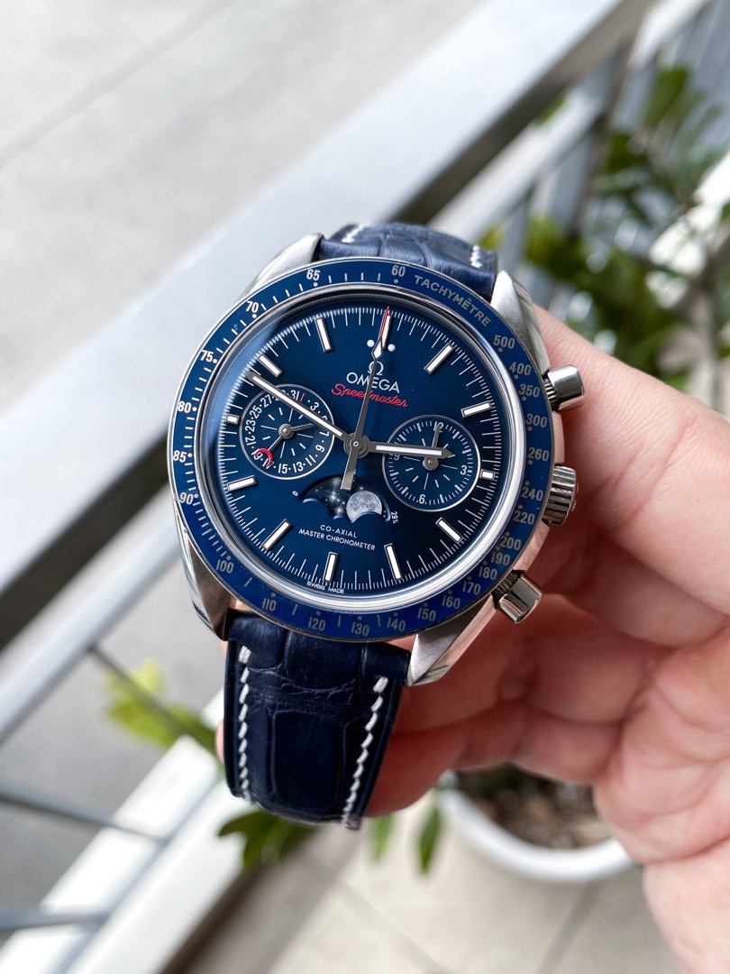Handmade Navy Alligator Watch Strap for Omega Speedmaster Deployant Clasp