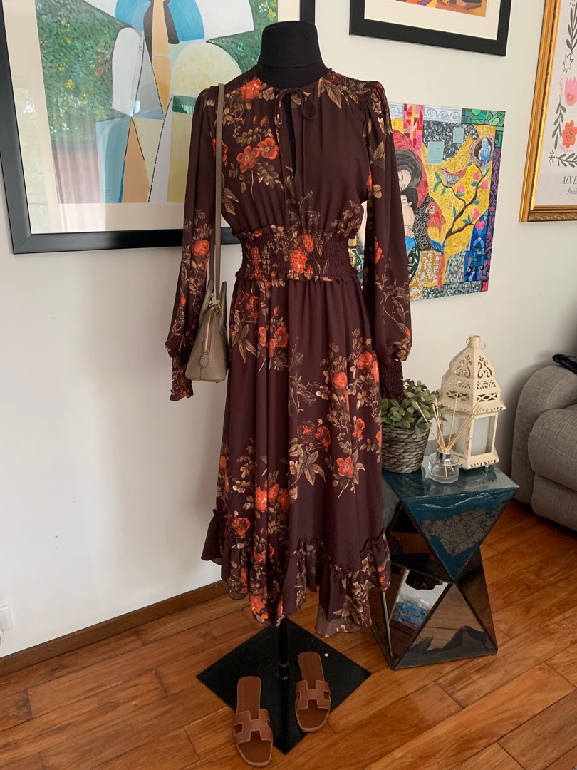 H M brown floral maxi dress Women s Fashion Dresses Sets