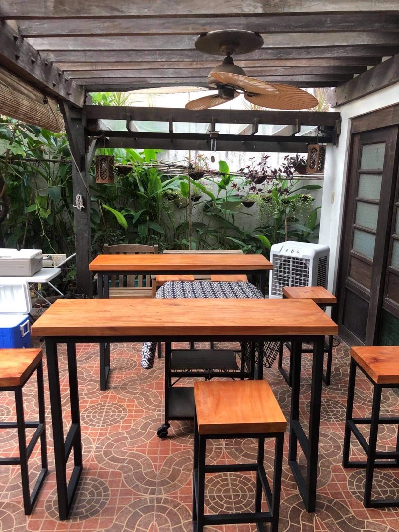 Mahogany bar table and 3 bar stools, Furniture & Home Living, Furniture