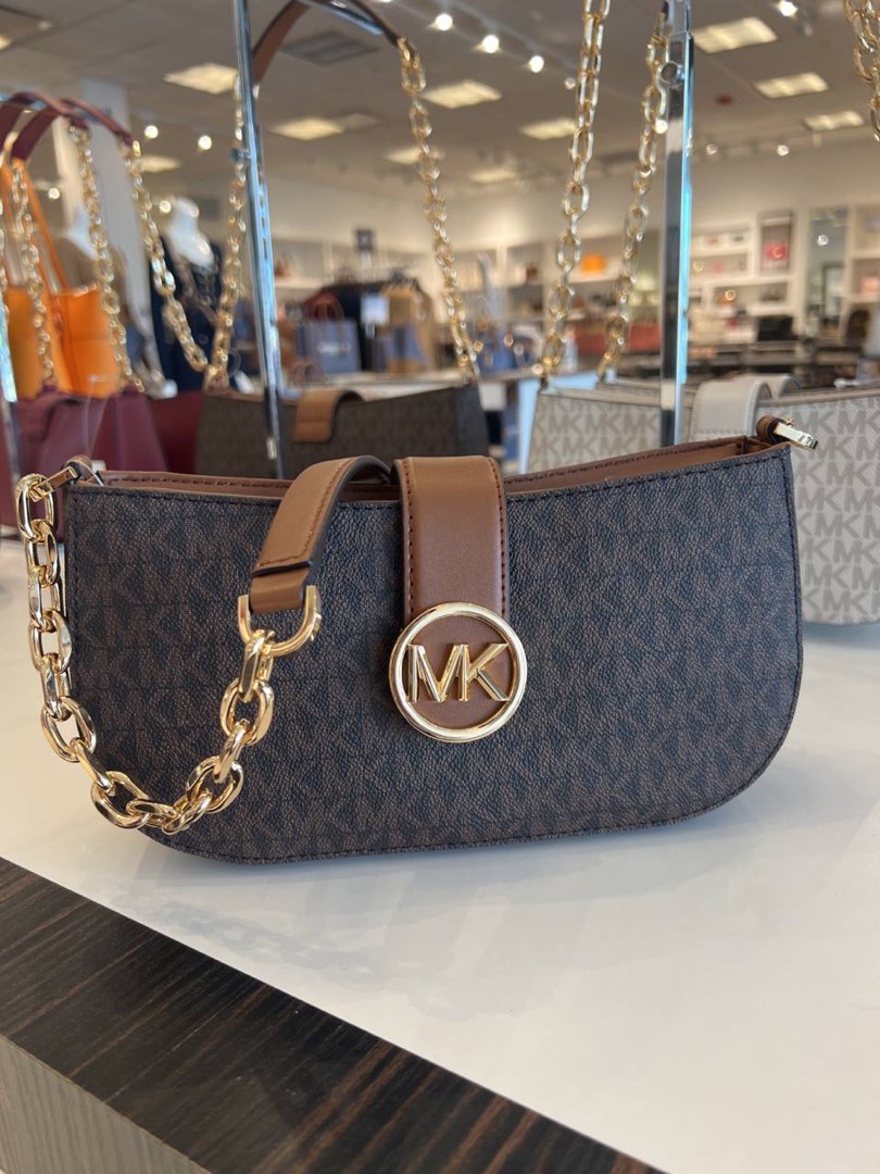Micheal Kors Carmen Small Pouchette in Signature Brown, Luxury, Bags &  Wallets on Carousell