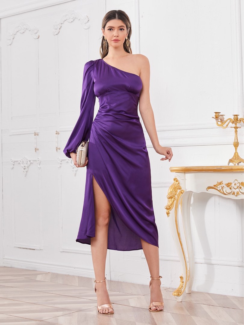 One shoulder bishop sleeve split dress purple, Women's Fashion, Dresses u0026  Sets, Dresses on Carousell
