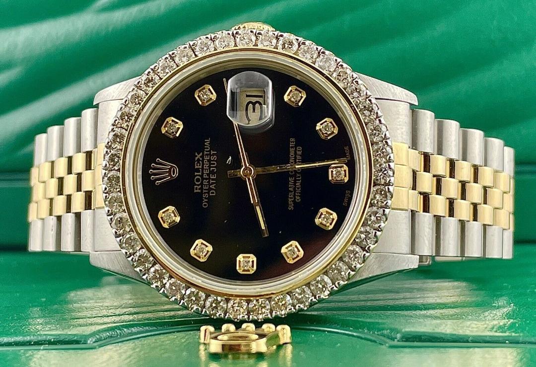 Rolex Men s Datejust 36mm 18k Yellow Gold Steel ICED 2.50ct Diamonds Black Dial Men s Fashion Watches on Carousell