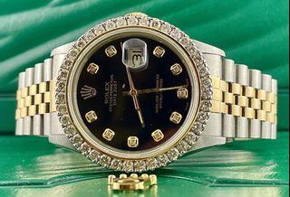 Rolex Men's Datejust 36mm 18k Yellow Gold/Steel ICED 2.50ct Diamonds Black Dial