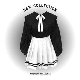 Set: Big Collar Bubble Ruched Sleeves Top + Contrast Striped Pleated Tennis Skirt