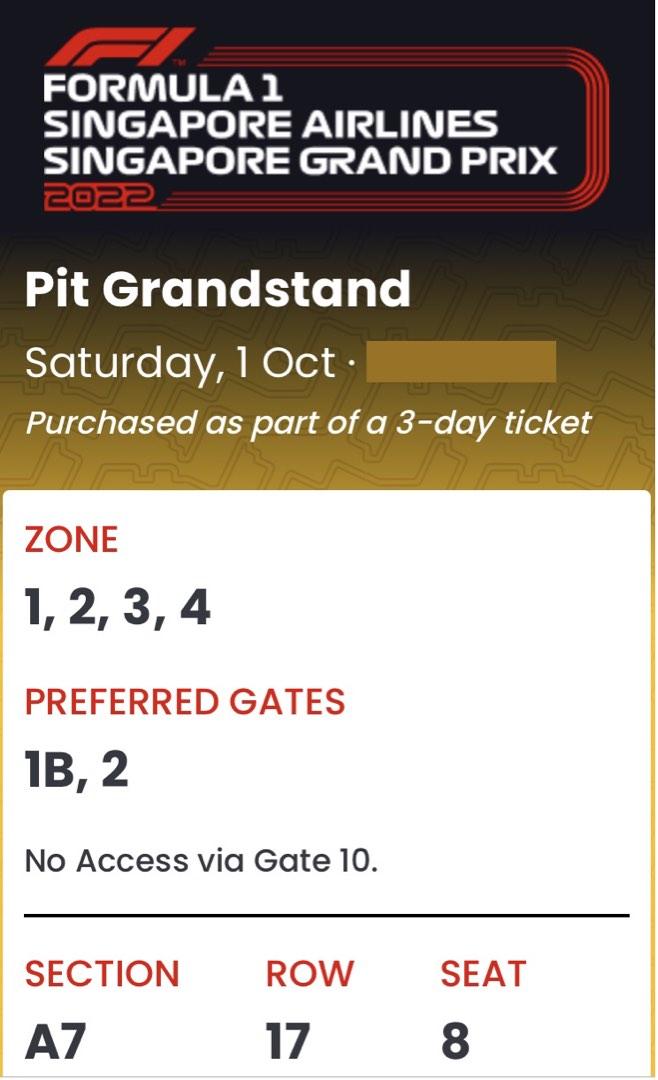 Gp Tickets Special price Couple Ticket Formula1 Singapore Grand Prix Saturday Pit ...
