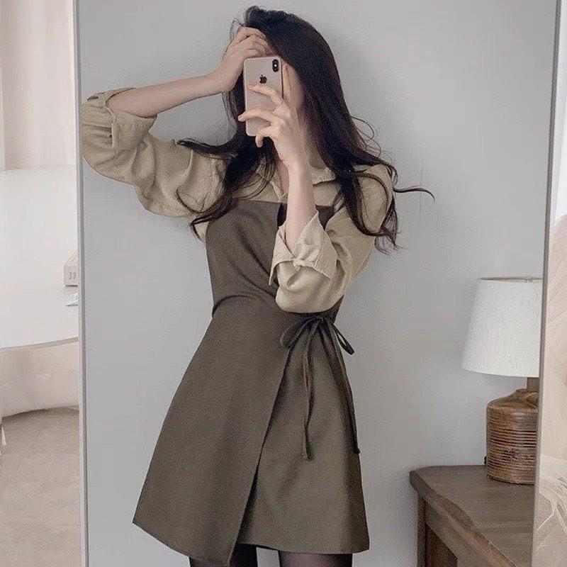 1999 tumblr basic ulzzang square neck ribbon tied grey korean vintage retro cottagecore overlap formal office dress