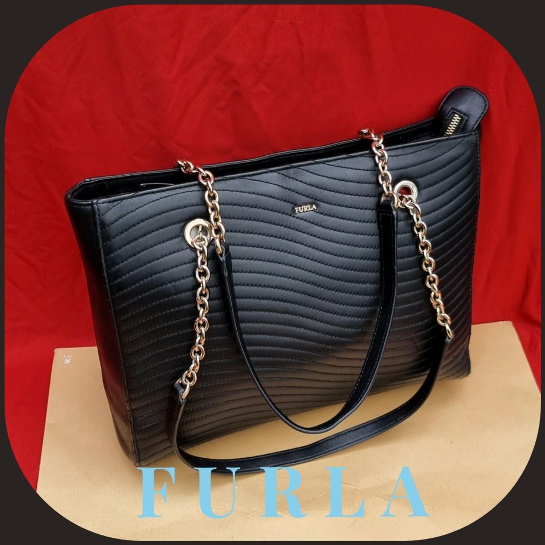 Furla Swing Black Soft Quilted Chain Tote Bag