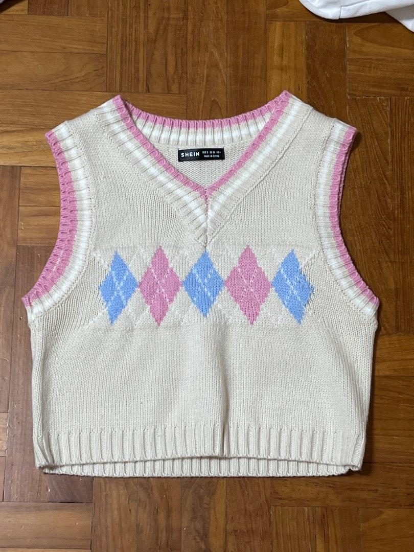 argyle pattern sweater vest baby pink blue and cream colour from shein