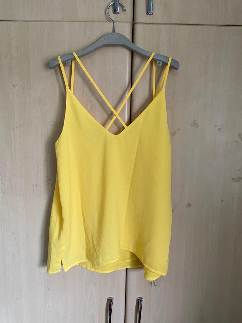 Yellow Cotton Poplin Spaghetti Strap Top with Elastic Gathered Back