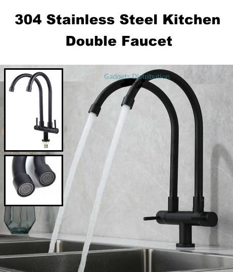 Black 304 Stainless Steel Double 2 Two Way Faucet Water Tap ...