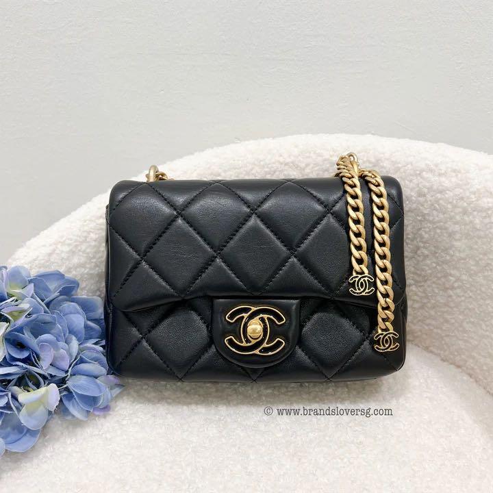 Chanel Enamel Quilted Pending CC Mini Square Lambskin Flap Bag Black Gold