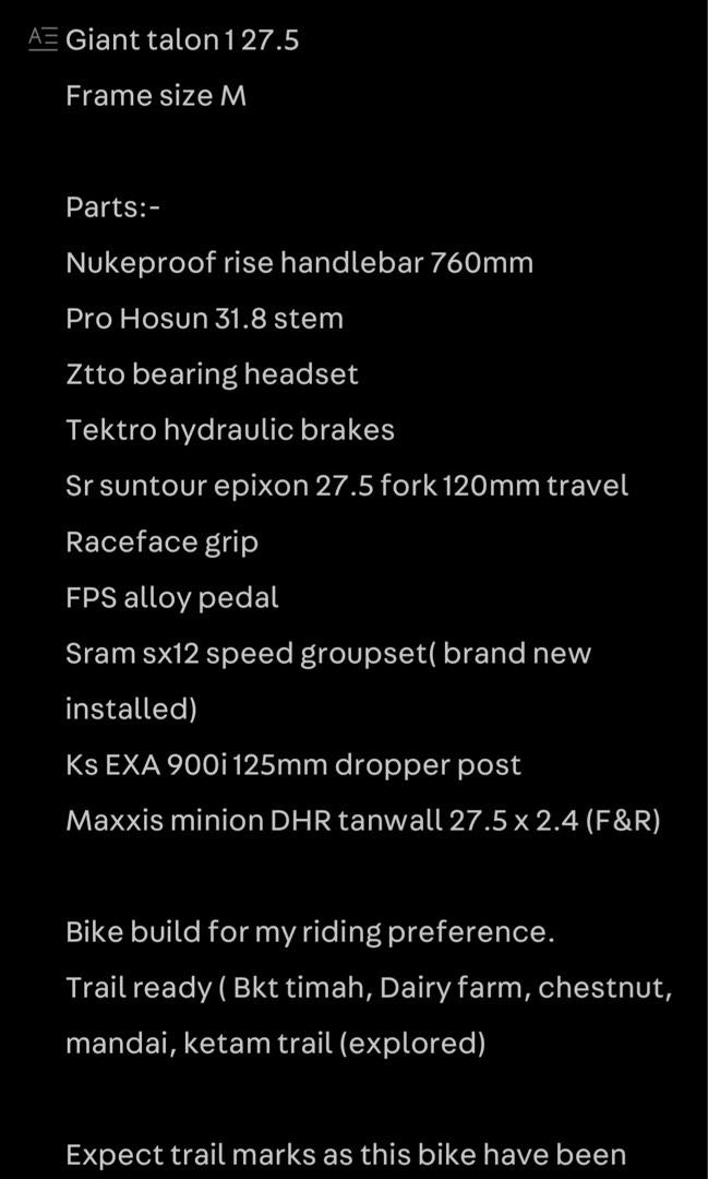 Giant talon 2025 frame size chart