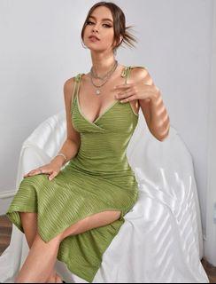 Green Ruched Tie Strap Dress