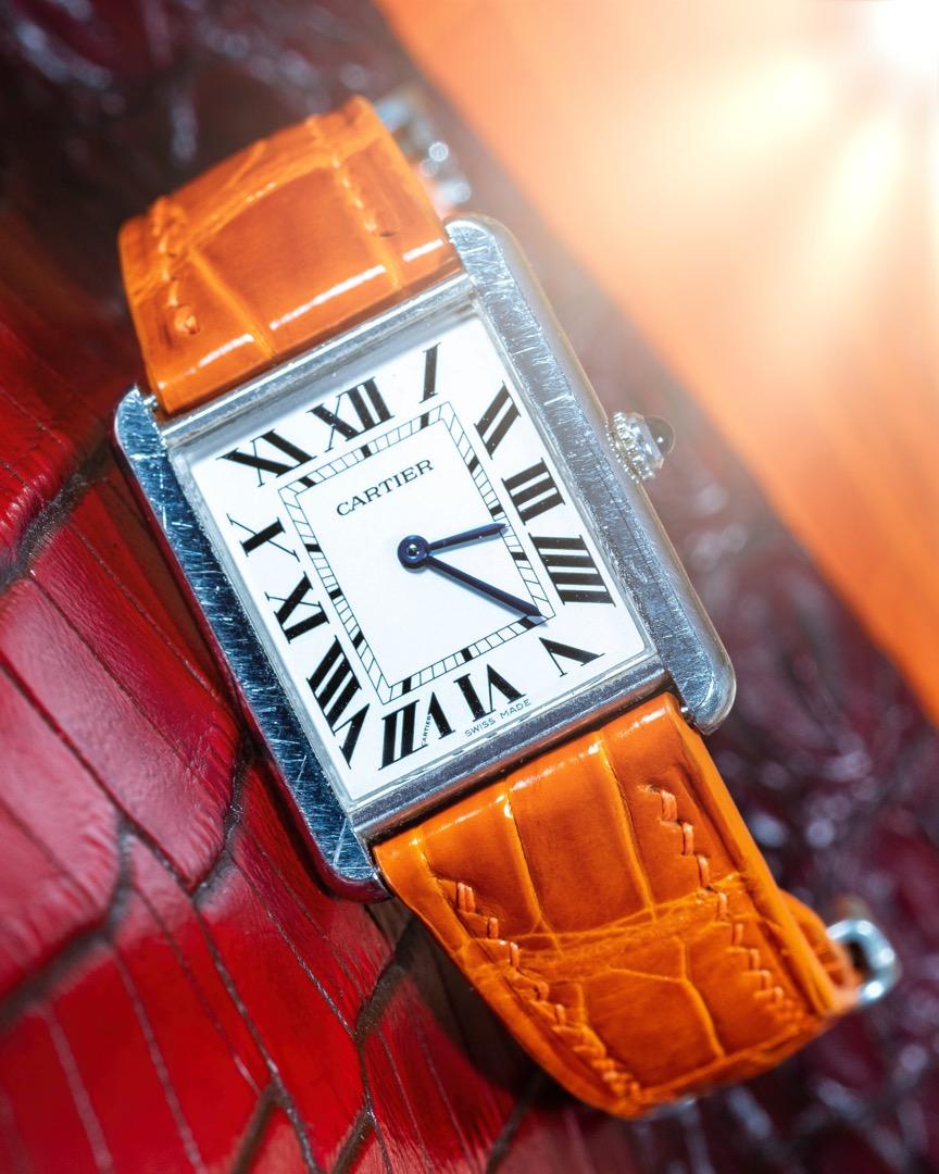 Handmade Hand stitched Watch Strap in Orange Crocodile Leather For Client s Cartier Tank Solo WSTA0041 Watch