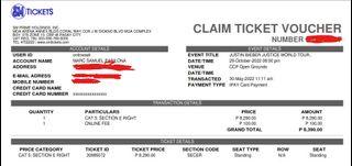 Justin Bieber Ticket - CAT 5 Section E Right - October 29,2022