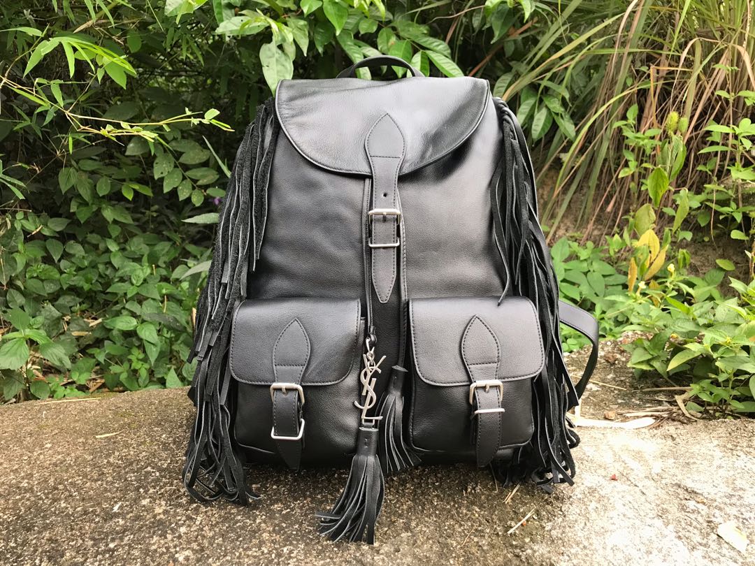 YVES SAINT LAURENT Fringe Calfskin Leather Backpack Bag Black