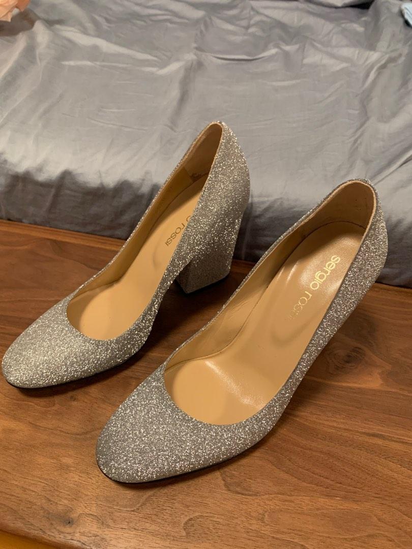 Sergio Rossi glitter block round toe heels size 34, 女裝, 鞋