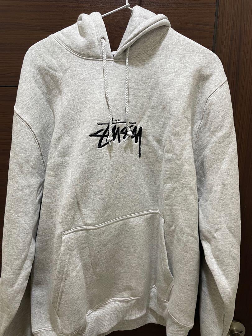 STUSSY LOGO HOODIE 刺繡長袖帽T L 號灰, 他的時尚, 上身及套裝, 連帽