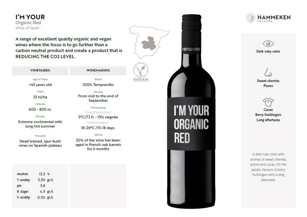 西班牙_紅葡萄酒 Spain Organic Red Wine 750ml （分類：酒精飲料）位於 Hong Kong。 由 enochope_co_ltd 提交（商品編號 1183188284，圖片 2）。簡介： 箱優惠價: $810/6支 (@135/支) 雙優惠價: $280/2支 (@140/支) 零售特價: $168/1支 (原價: $268/支) 大量批發: 超優惠價另議 . #西班牙紅葡萄酒750ml Spain Organic Red Wine . 酒色: 深寶石紅色 酒味: 帶有甜櫻桃、李子和可可的香氣 口感: 有漿果果香的味道，回味悠長 . 酒精濃度：13.5% 產地國家：西班牙 每瓶容量：750ml 每箱數量：6支 . Wine of Spain Organic 100% Tempranillo 2021 酒標上的Tempranillo是一個葡萄品種的名稱，用來釀造紅葡萄酒。 中文名叫丹魄，又被譯為添帕尼尤、添普蘭尼洛。丹魄是西班牙的一面旗幟，丹魄紅酒是西班牙葡萄酒
