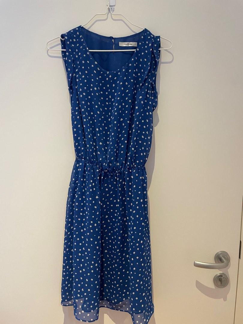 blue-color-dress-with-white-dots-office-wear-women-s-fashion