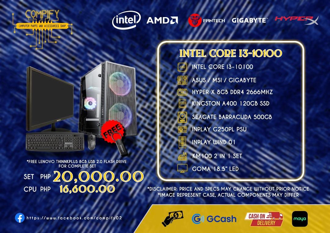 Computer Set or Unit Only (Category: Desktops) located in Caloocan City. Submitted by compify (Listing ID 1183264182, Image 2). Description: We are here to satisfy you in becoming computer tech savvies! We custom-build according to your needs and budget, and service pc for repairs or replacement of parts. Accessories are also available here. Our Messenger is open 24/7 so you can send us a message for inquiries! You may also send us text messages 