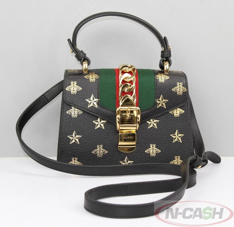NWOB Gucci Sylvie Bees and Stars gold chain Black Leather