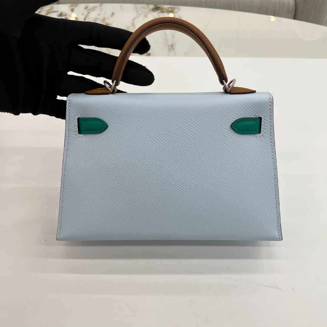 Hermès Mini Kelly Special Order Blue Brume, Vert Jade & Gold Epsom PHW Bag