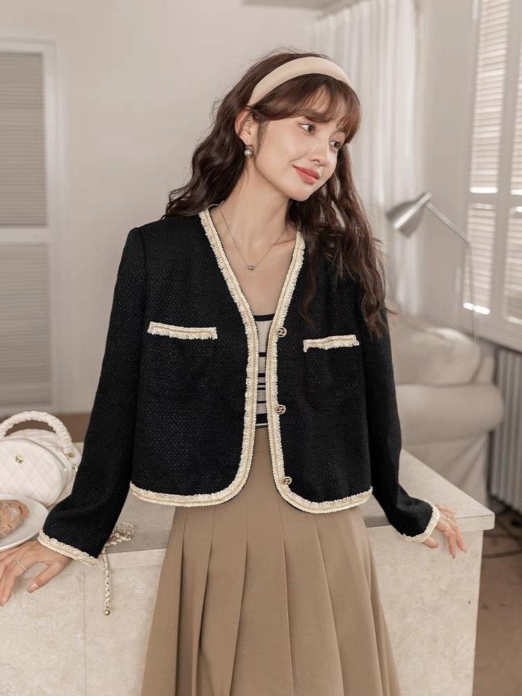 Ines Parisian Black Tweed Jacket with Creamy White Trimmings L 3XL