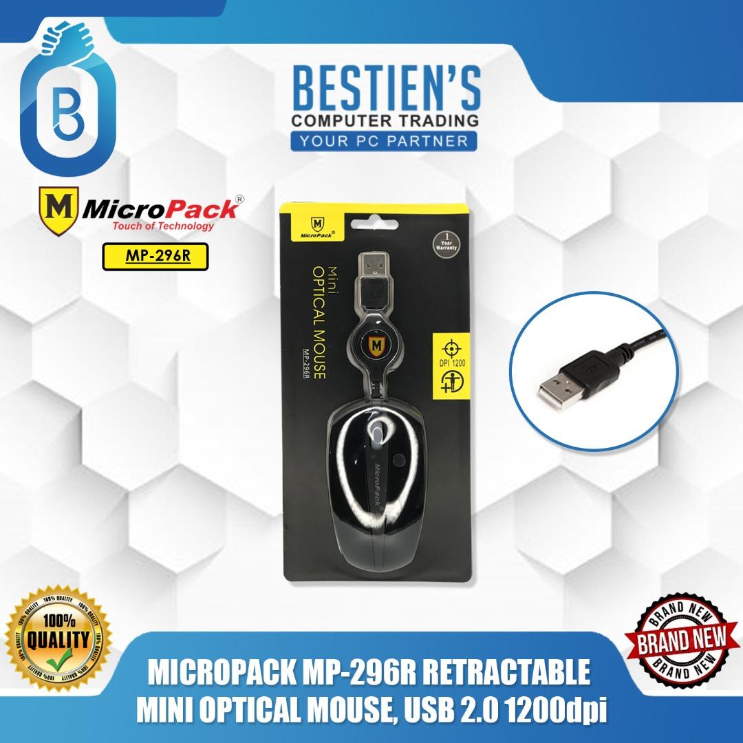MICROPACK MP-296R RETRACTABLE MINI OPTICAL MOUSE, USB 2.0 1200dpi (Category: Computer Keyboard) located in Quezon City. Submitted by besteinpc (Listing ID 1031989363, Image 1). Description: MICROPACK MP-296R RETRACTABLE MINI OPTICAL MOUSE, USB 2.0 1200dpi 1200 DPI High resolution newest optical technology, precise tracking suitable for both hands comfortable grip USB 2.0 plug and play SPECIFICATIONS: Interface : USB 2.0 Resolution : 1200DPI Butto