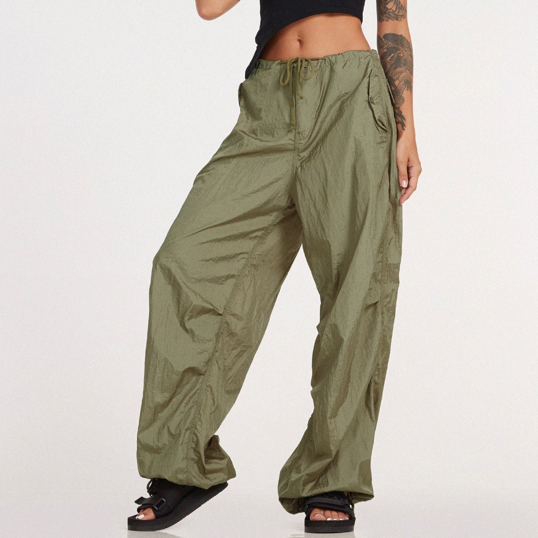 Motel Rocks Parachute Pants Silver Green Celana Panjang Parasut baggy