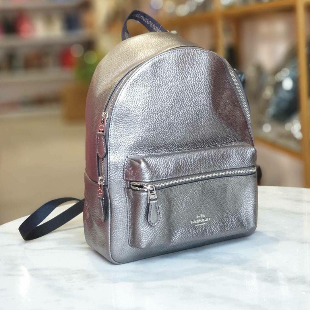 New COACH F39196 Metallic Pebble Leather Medium Charlie Gunmetal 25 x 10 x 31.5cm