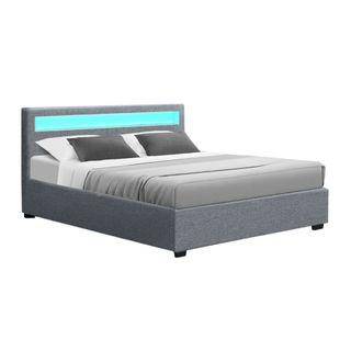Artiss Cole LED Bed Frame Fabric Gas Lift Storage – Grey Queen