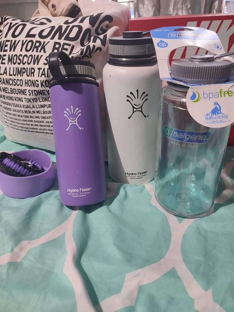Hydro flask & nalgene set or sold separately (Category: Water Bottles & Tumblers) located in Bayombong. Submitted by nicsxoxo7 (Listing ID 1183346667, Image 1). Description: take all only new po ung nalgene from abroad po sila selling for 1k flask 700 each minimal signs of usage sa 32oz flask removable ung cat sticker nung purple if take all 2k.