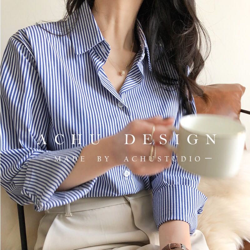 Kamiseta Long-sleeved Button Down Striped Shirt Collar Office Attire ...