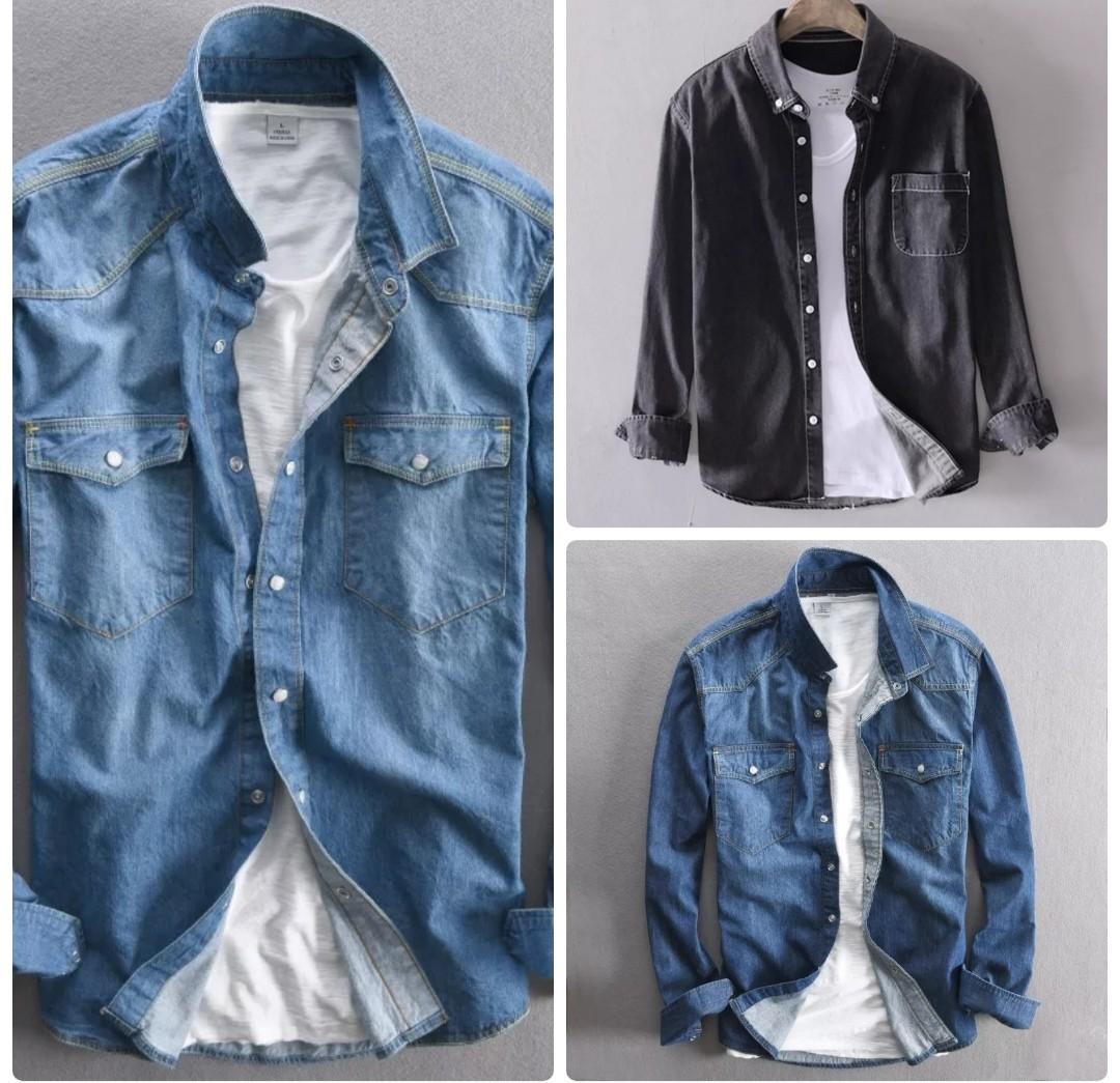 Men denim shirt blue black jeans shirt men Men s Fashion Activewear on Carousell